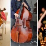 young girl playing cello, man playing upright bass, man playing electric bass