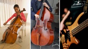 young girl playing cello, man playing upright bass, man playing electric bass
