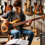 A beginner bass guitarist practicing in a cozy room setting, sitting on a chair, with a four-string bass guitar resting on their lap.